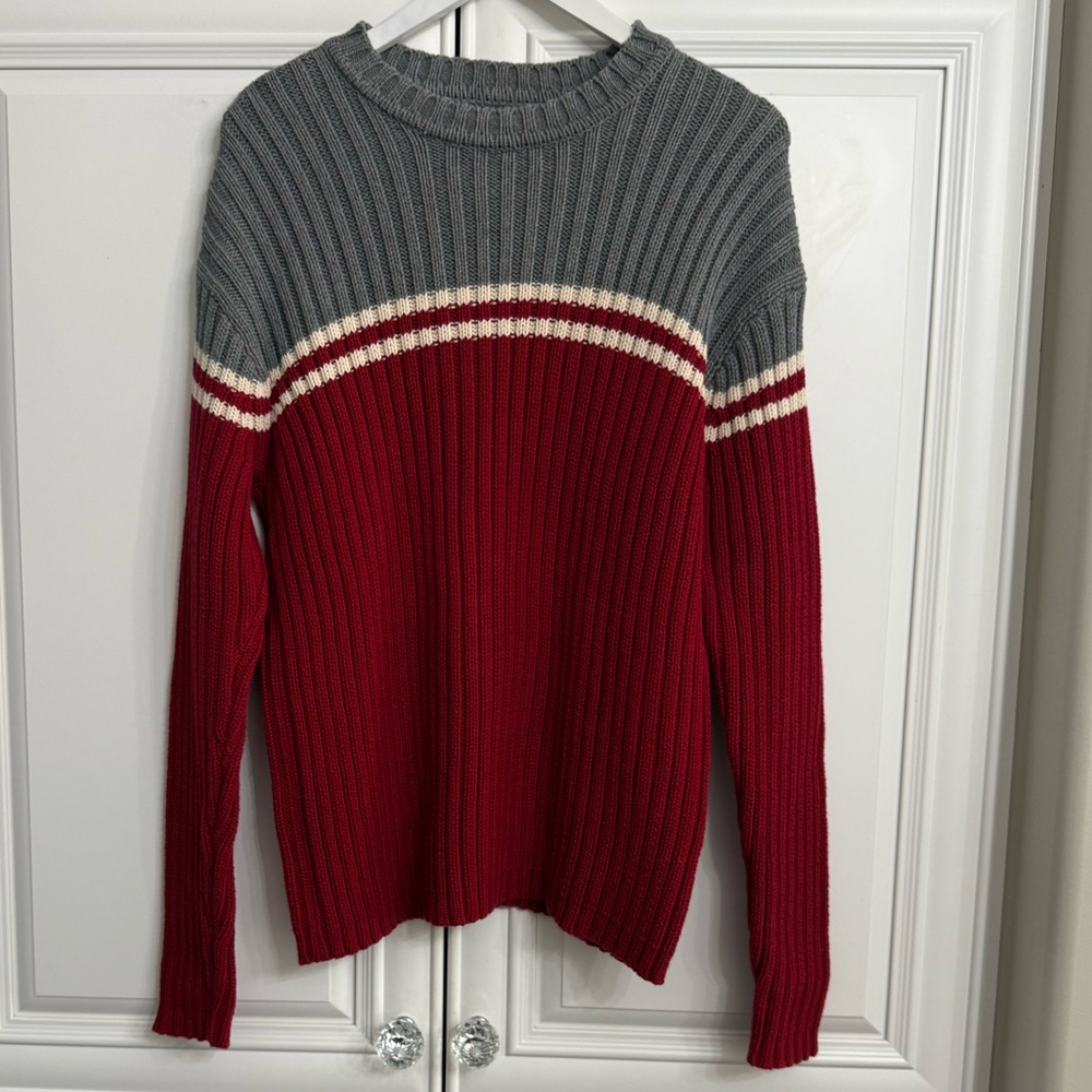 GAP Men's Medium Ribbed Crew Neck 100% Cotton Sweater Red Grey Cream Heavyweight